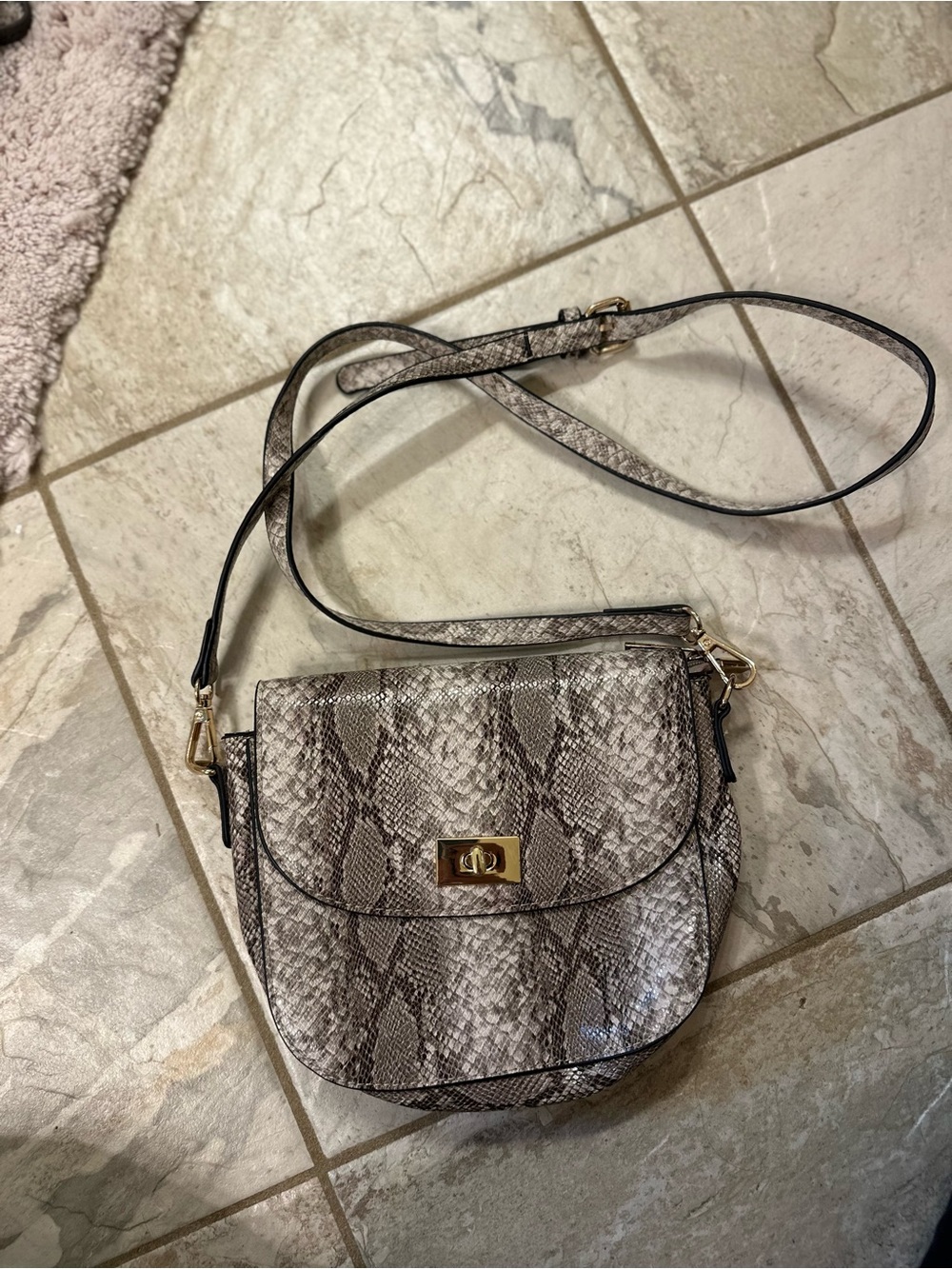 Snake-Print Crossbody Bag in Taupe